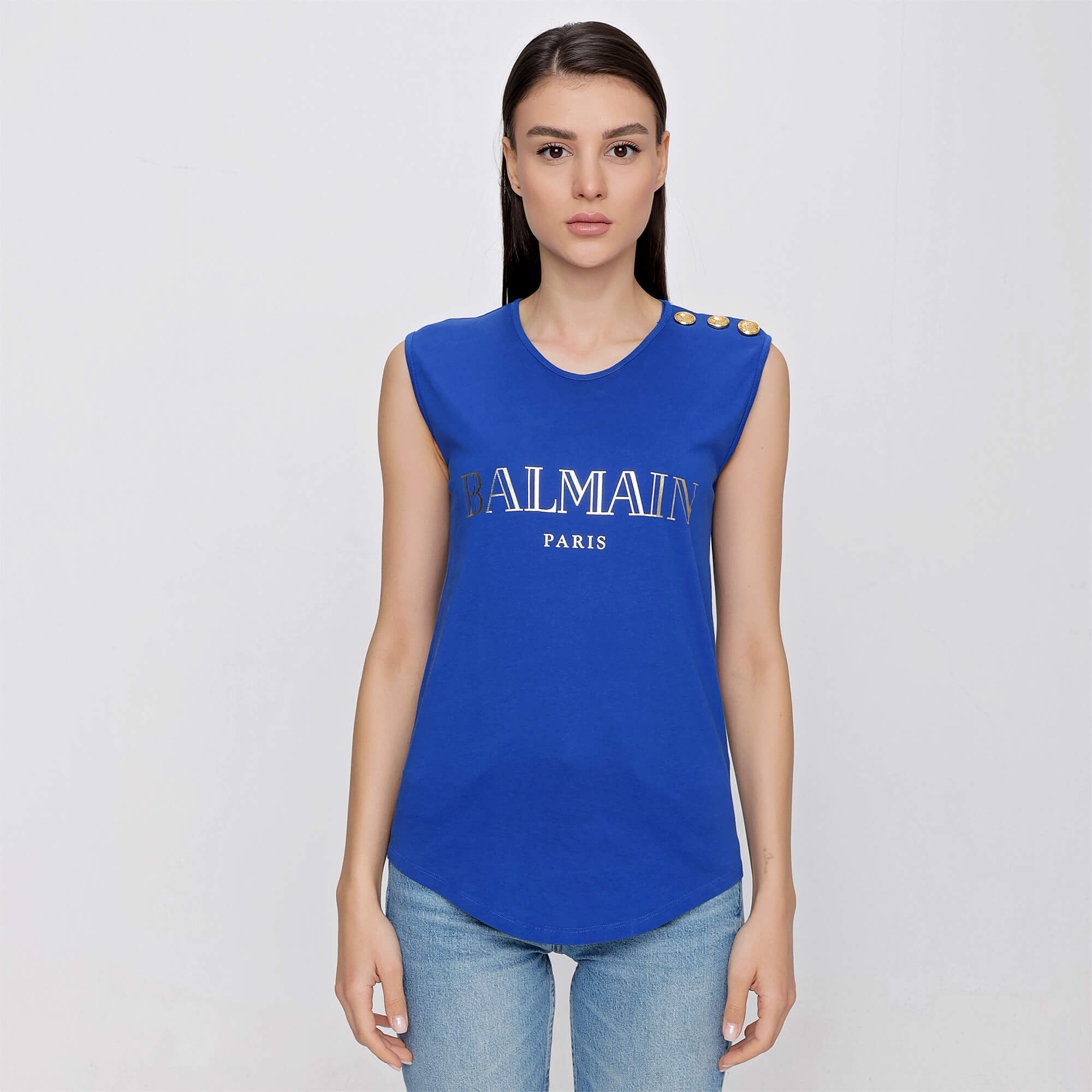 Balmain - Blue Gold Tone Balmain Logo Sleeveless T-shirt